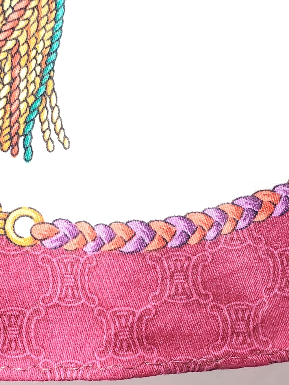 Celine White and Wine Red Silk Scarf with Gold Chain & Multicolor Tassels - Picture 6 of 6